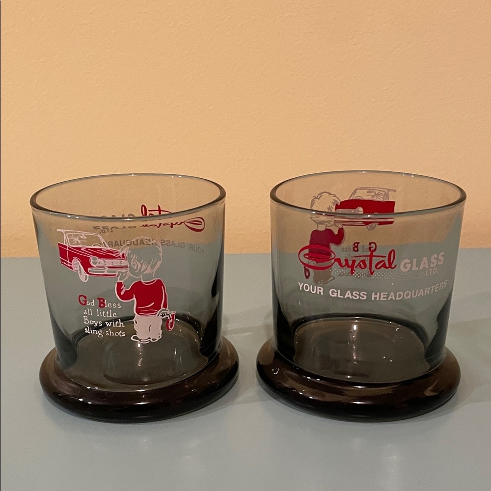 Vintage Mid-Century “Crystal Glass” Tumblers with a Little Boy with a Slingshot